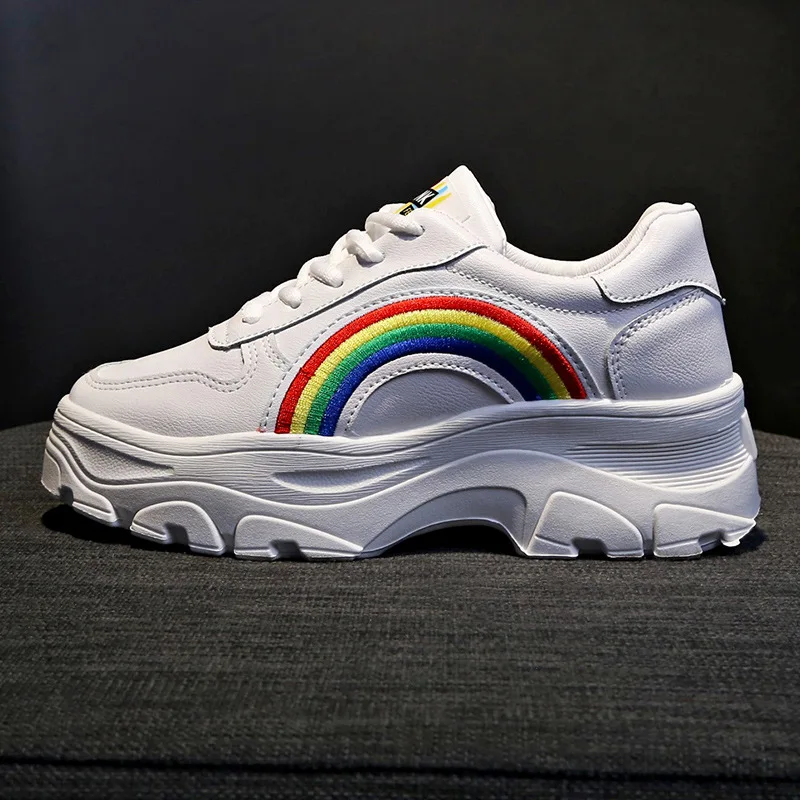 

Women White Shoes Autumn Winter Fashion Platform Shoes Casual Sneakers Female Lace Up Rainbow Vulcanized Shoes Designer Sneakers