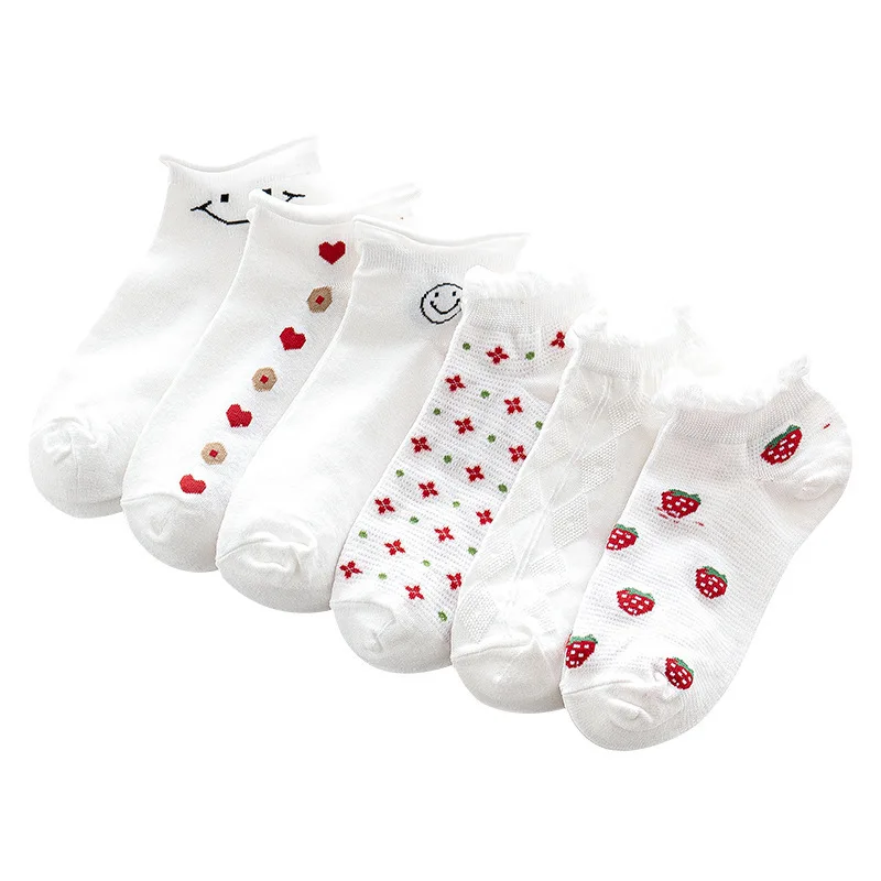 

Girls Shallow Mouth Socks Low Cute Laciness Lovely Japanese Style Lady Summer Invisible Thin Smile Strawberry Pattern Breathable
