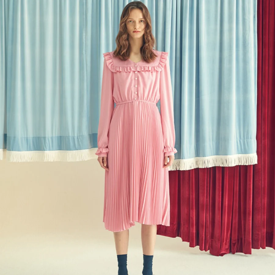 Женское плиссированное платье средней длины, розовое однобортное платье с длинным рукавом и поясом на резинке в Корейском стиле, 2021 Женское плиссированное платье средней длины, розовое однобортное платье с длинным рукавом и поясом на резинке в Корейском стиле, 2021