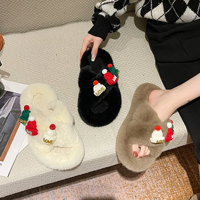 

Women Shoes Winter Furry Cotton Slippers Cross Flip-Flops Plus Velvet Warm Indoor Non-Slip Slippers Zapatillas De Casa