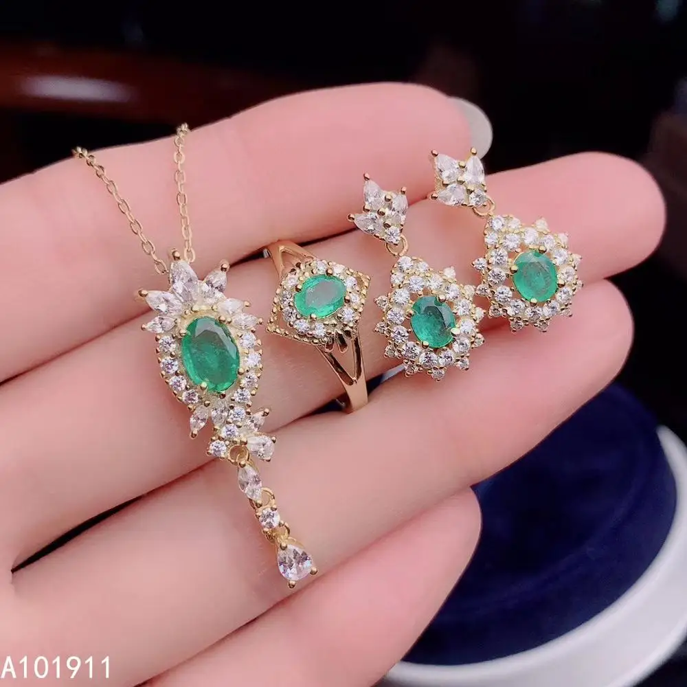 

KJJEAXCMY fine jewelry 925 sterling silver inlaid Natural Emerald cute pendant Ring Earring noble Female Suit Support Detection