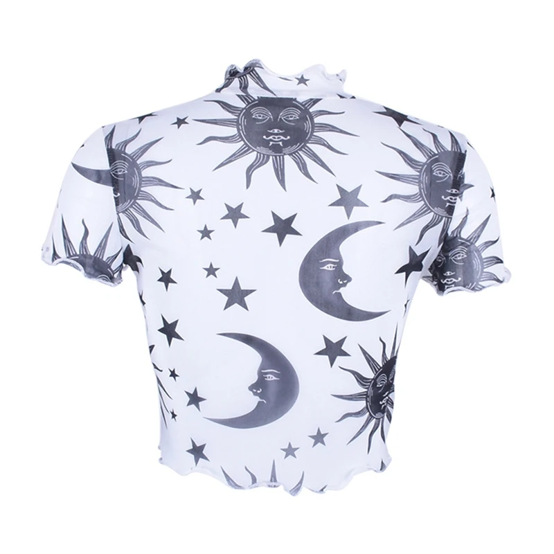 Пикантные женские прозрачные сетчатые кроп-топы с принтом Солнца и Луны черные