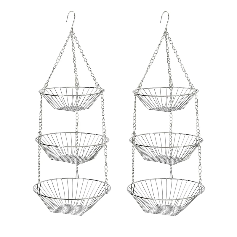 

New 2 Pack Hanging Baskets 3 Tier Hanging Fruit Baskets 3 Tier Ceiling Support Space Saving Kitchen for Fruit Silver
