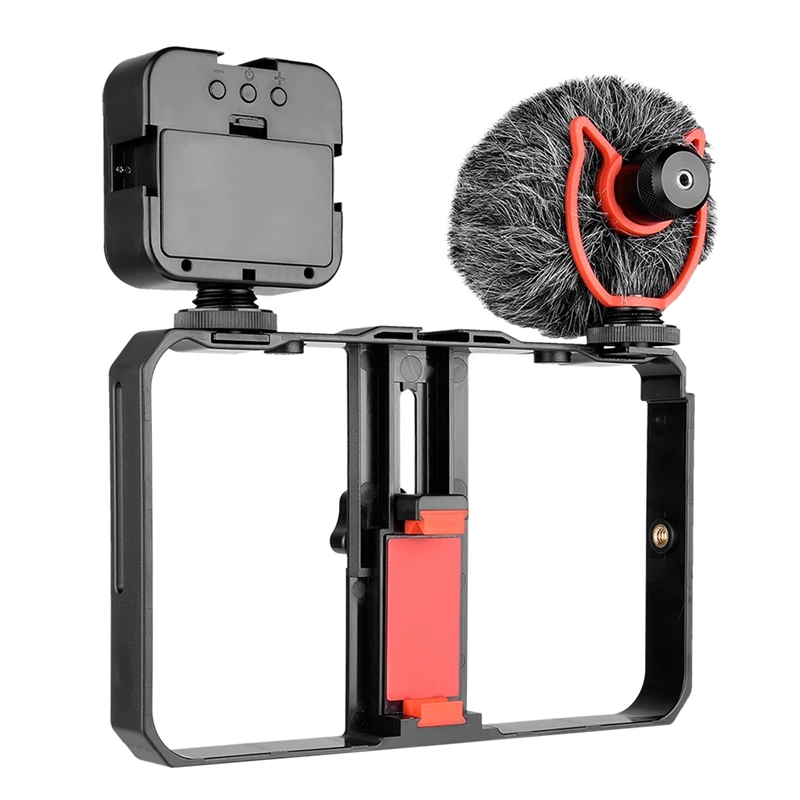 

HOT-Phone Video Rig+Mic+Fill Light Kit Handheld Phone Stabilizer Stand Cage for iPhone12 Huawei Samsung Video Vlog