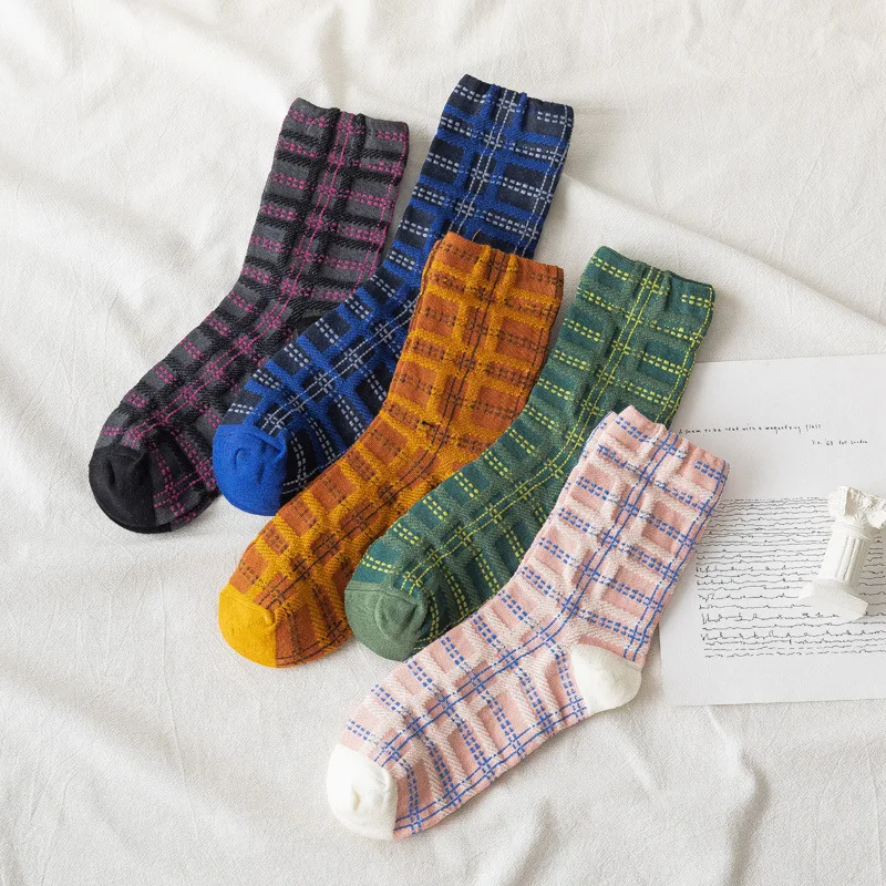 

Cartoon Women Socks Plaid Cotton Sock Lovely Ladies Colorful Unisex High Casual Soft Sox Girls Spring Autumn Trendy Skarpetki