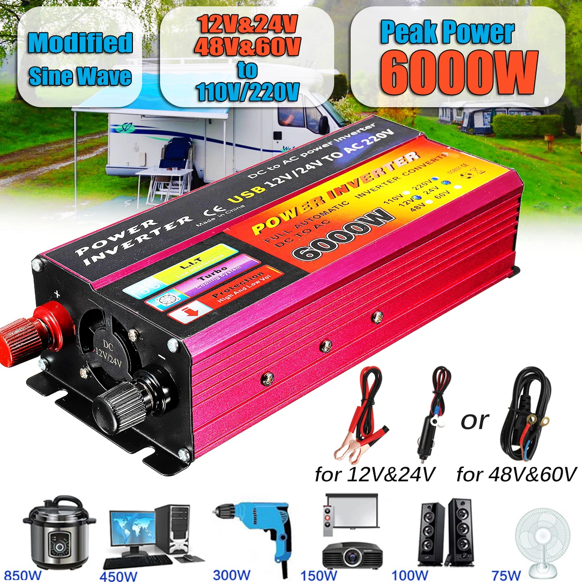 Автомобильный инвертор 12V 220V 6000W солнечный инвертор Напряжение преобразователь постоянного тока 12/24 V/48/60 V дo AC 110/220V авто инверсор для автомобиля