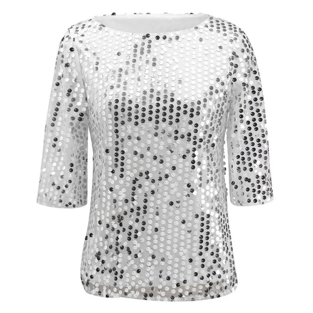Женская однотонная блузка с коротким рукавом и круглым вырезом блестками |