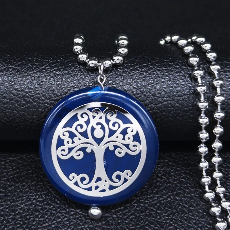 

2021 Tree of Life Stainless Steel Natural Stone Long Necklaces Women Blue Color Statement Necklace Jewelry gargantilla NFA7S04