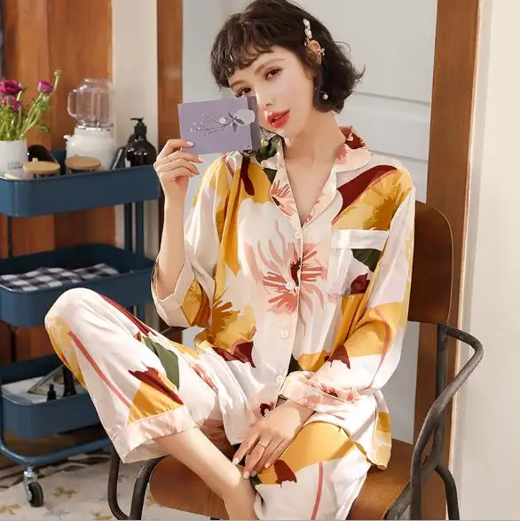 

Cardigan sleep tops + pant two piece set new autumn winter pajamas for women retro print long sleeve pijama casual home suit