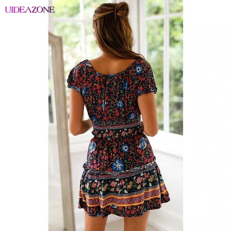 UIDEAZONE Boho Print Women 2Pcs Set Bohemian Square Collar Crop Top Mini Skirt Suits Vintage Ethnic Femme Summer 2 Piece | Женская