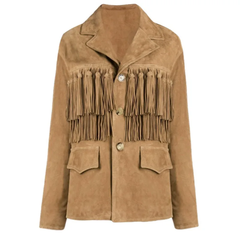 

2020 Spring Autumn New Turn-down Collar Long Modern Lady Patchwork Tassel Jacket Korea Loose Casual Coats