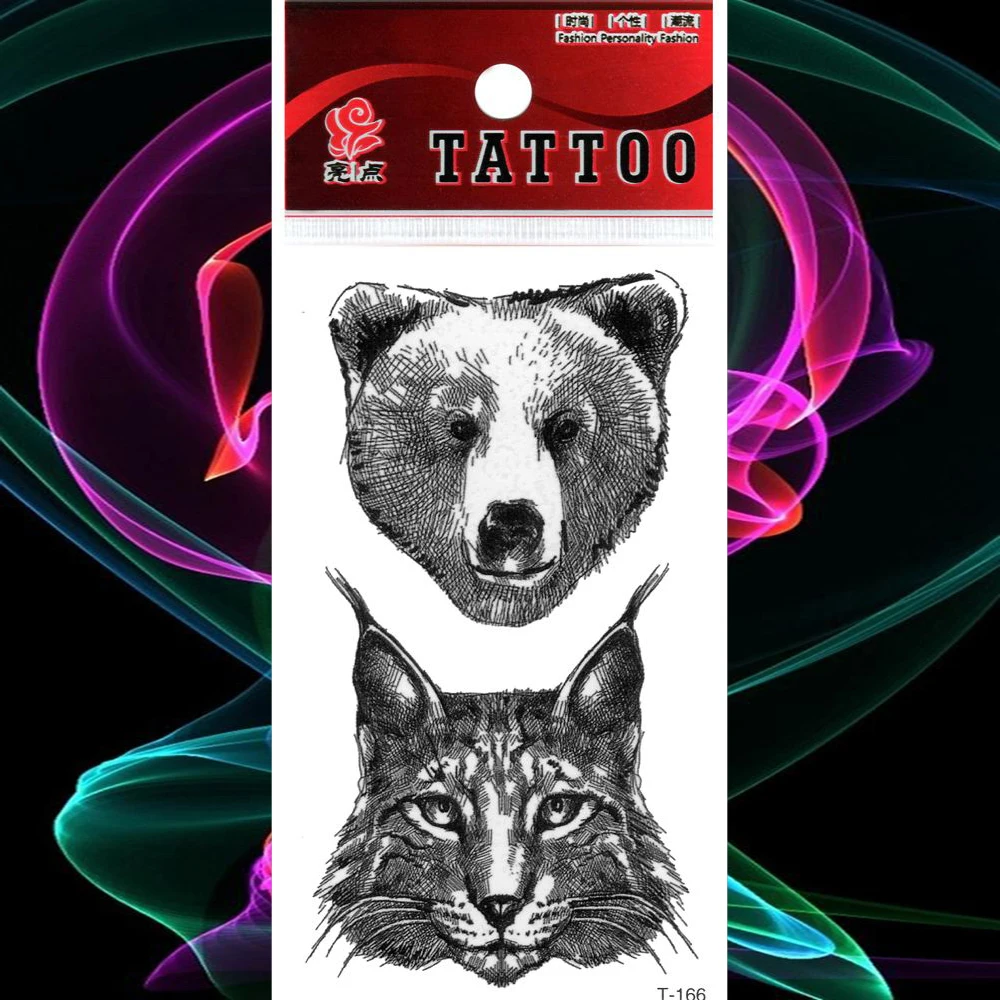 Водонепроницаемые временные тату наклейки Черный эскиз медведь Рысь поддельные