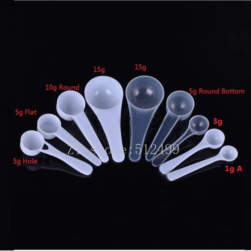 

100 Pieces/lot 1g 2g 2.5g 3g 5g 10g 15g 20g Transparent Plastic White Spoon Cosmetic Portable Mask Powder Refillable Spoons