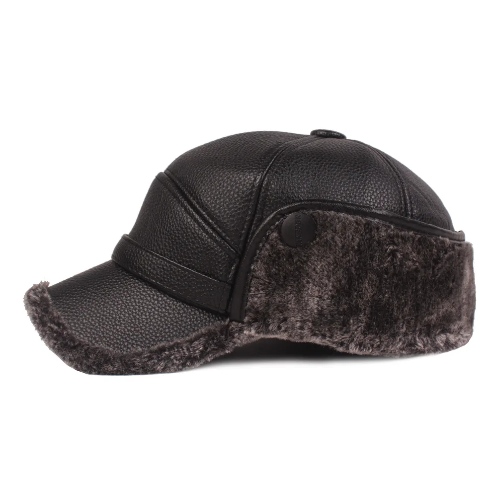 HanXi Winter Men Earflaps Baseball Cap Warm Leather Thicker Snapback Cap Men Father's Hats Ear Faux Fur Protection Casquette