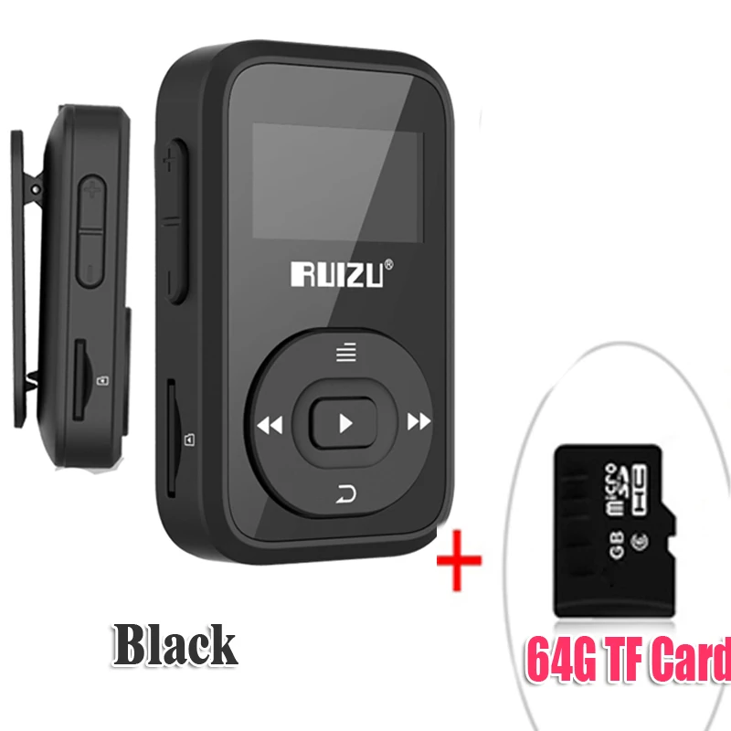 BlackWith64GBTFcard Новое поступление, Спортивный MP3 плеер RUIZU X26, Bluetooth, 8 ГБ, мини-клип с поддержкой экрана, FM, запись, электронная книга, часы, шагомер - Цвет: BlackWith64GBTFcard