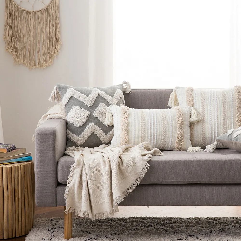 

Soft Pillowcase Tufted Pillowcase with Tassels Square Cushion Cover for Sofa Couch Fluffy Living Room Decoration