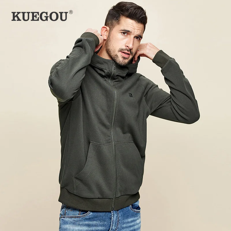 

Мужская толстовка с капюшоном KUEGOU, черная Повседневная Толстовка из 100% хлопка, на молнии, с капюшоном, осень