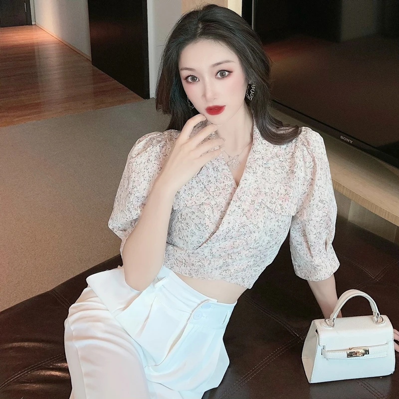 

Sexy Hollow Out Waist Shirts Women Puff Sleeve Temperament Shirt Lace Shirt Cropped Top Female Summer Lapel Collar Slim