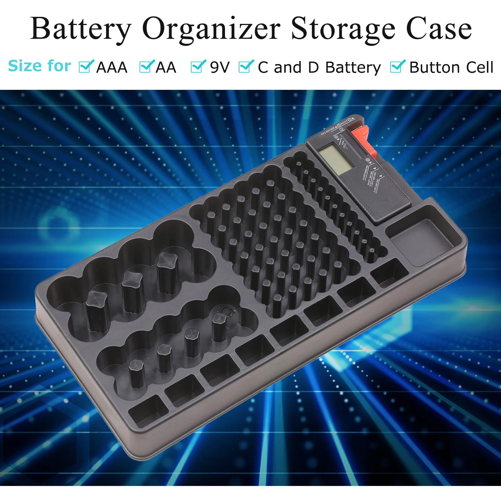 

Battery Organizer Storage Case with Removable LCD Tester Various Slot Size for AAA, AA, 9V, C and D Battery