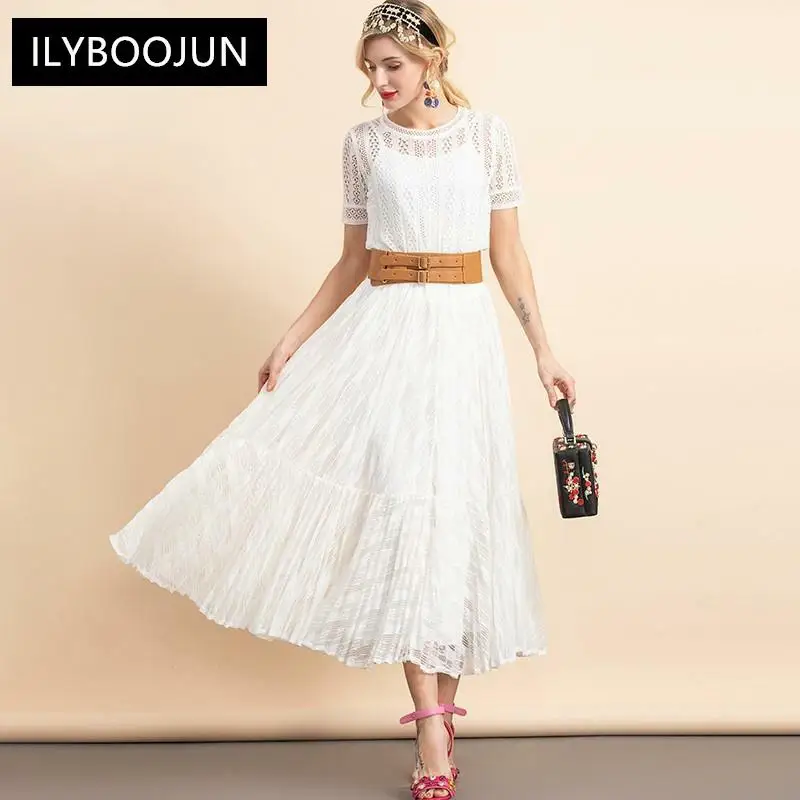 

Fashion Designer Summe Elegant white Skirt Suit Women's Short sleeve knitting Top and Skirt Two Pieces Set
