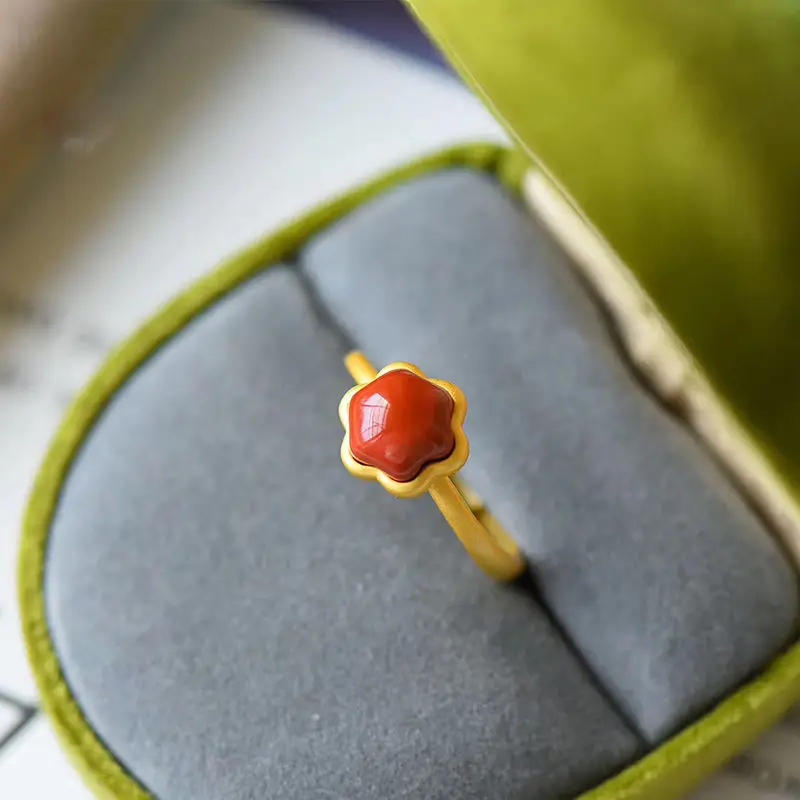 

New Niche Design Six-Pointed Star Ring S925 Sterling Silver Inlaid Southern Red Agate Open Ring Women's Small and Exquisite