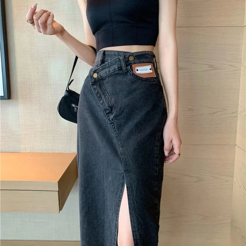 

Big Size Denim Skirts Women Vintage Asymmetrical Design Chic High Waist Ladies Bottom Clothing All-match Summer Stylish College