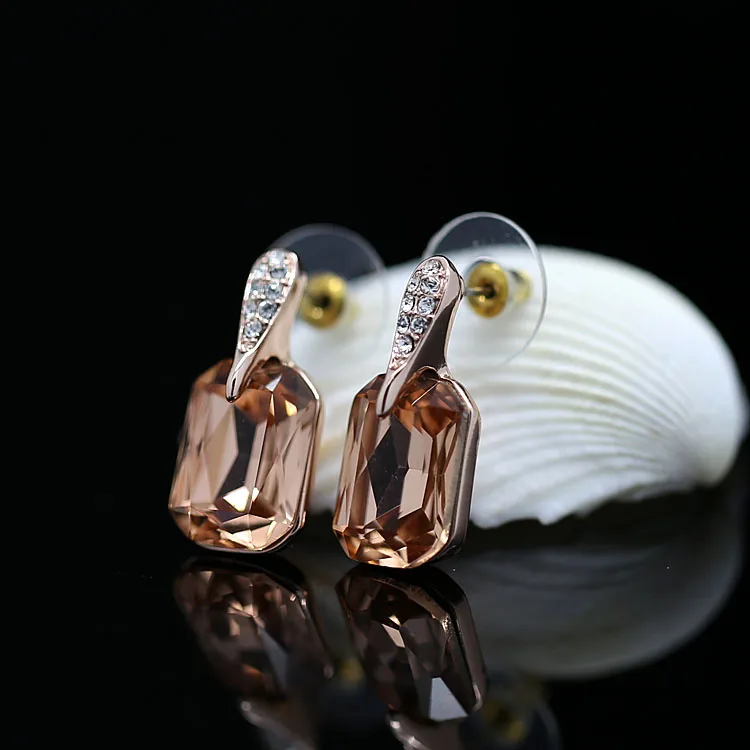 MOONROCY Women's Rose Gold Crystal Earrings, Square Champagne Brown Jewelry Gift image 2