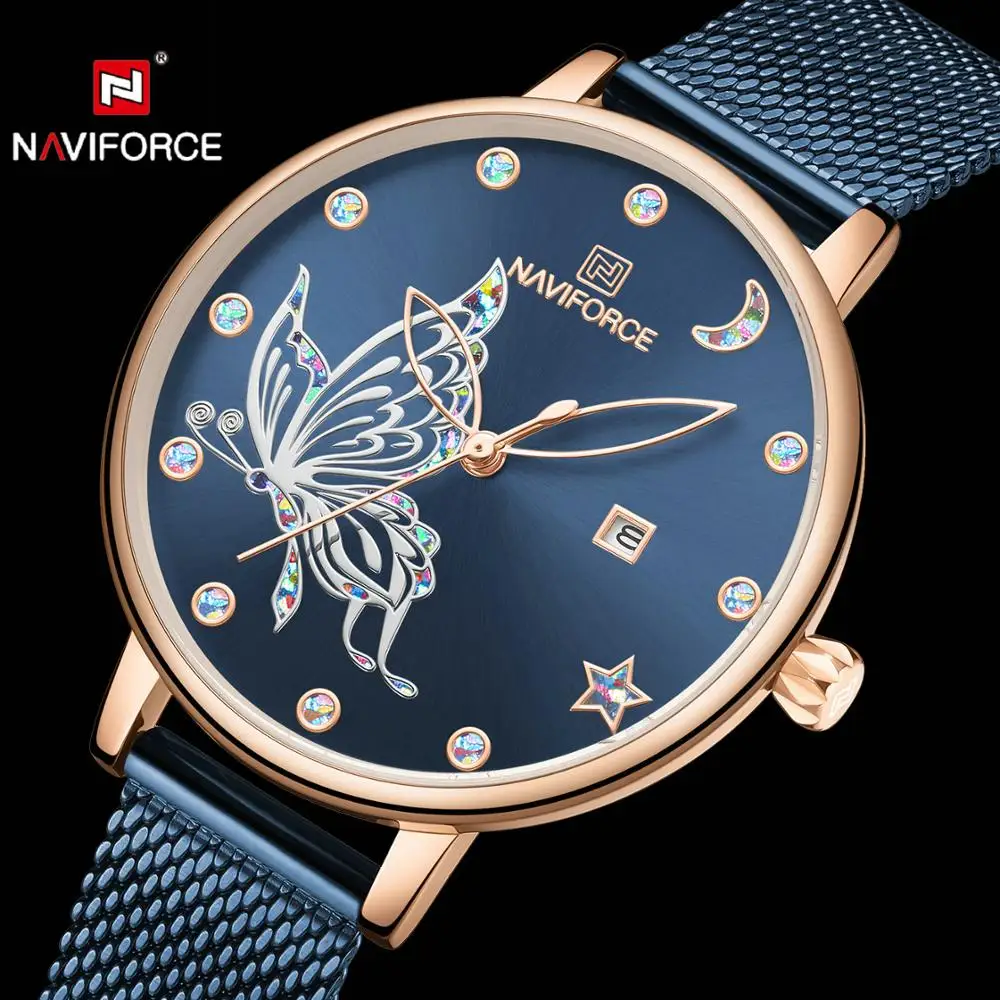 NAVIFORCE модное платье женские часы Топ Роскошные Стразы кварцевые аналоговые синий