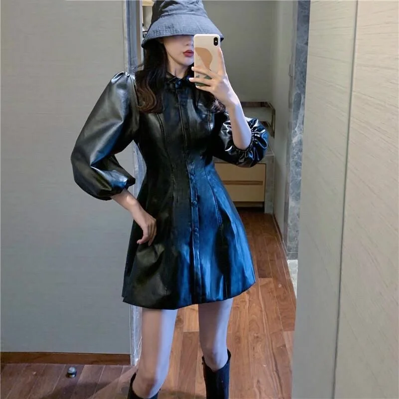 

Zoulv 2021 Vintage Autumn Winter French Leather Dress Slim Fit Temperament High Waist Vestido Solid A Line Turn Down Collar Ropa