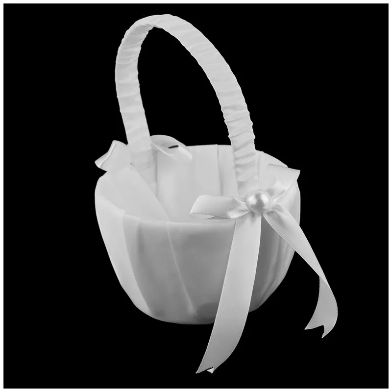 

Romantic White Satin Bowknot PEARL Flower Girl Basket Wedding Ceremony Party