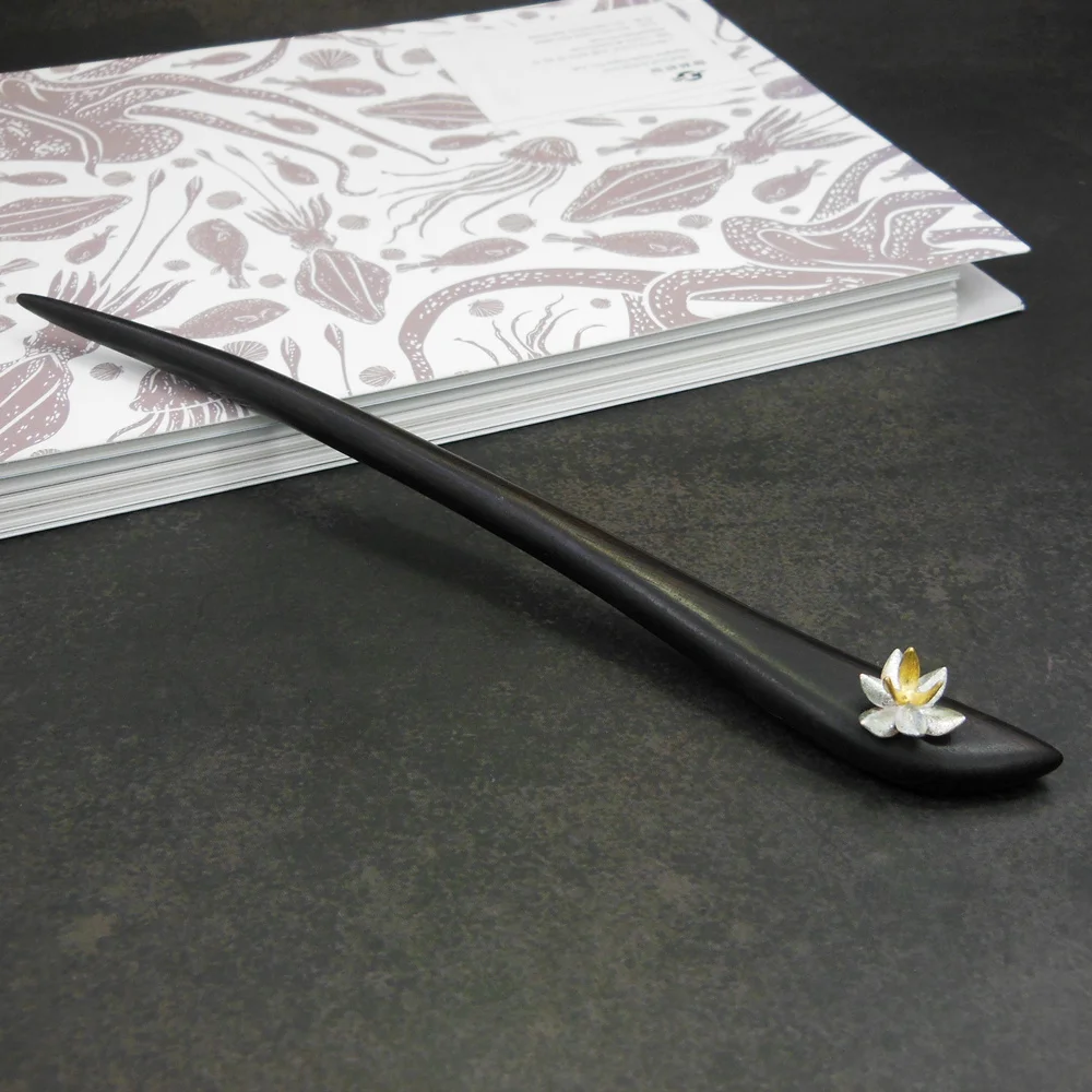 3d Лотос Серебряный эбеновый шпилька для волос винтажная китайская деревянная