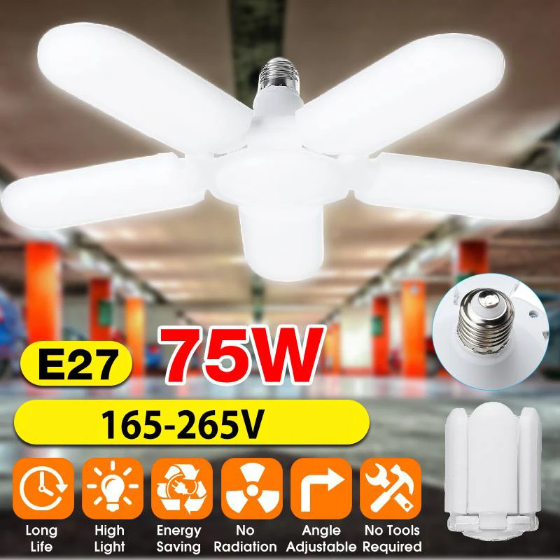 75W 5 Leaf E27 LED Garage Light 85-265V 165-265V Workshop Ceiling Lights Deformable Workshop Stadium LED Industrial Lighting