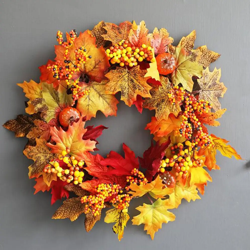 

45cm Halloween Wreath Pumpkin Berry Decoration Maple Garland Rattan Artificial Fall Wreath Front Door Home Decor Thanksgiving