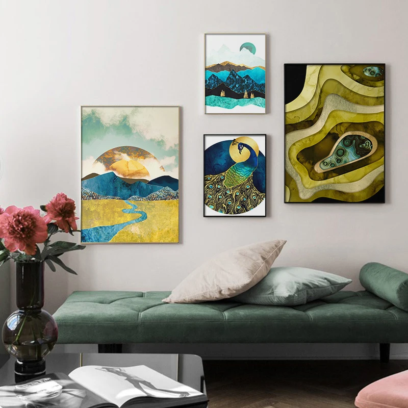 

Abstract Landscape Gold Mountain Forest Peacock Wall Art Canvas Painting Nordic River And Lake Posters And Prints Wall Pictures