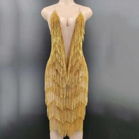 gold diamonds chain knee length women dress sleeveless performance clothing halter birthday party suit fringe drag queen outfit