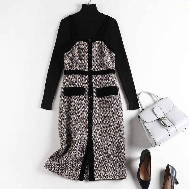 ZYFPGS плотное трикотажное платье черное серое сшитое женское теплое на бретельках