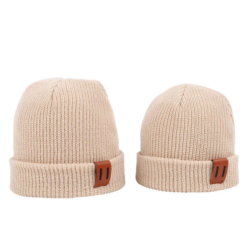 

Pure Colors Parent-child Woolen Hat Cotton Keep Warm Baby Winter Cap with Leather Label Baby Adult Unisex Casual Knitted Hats