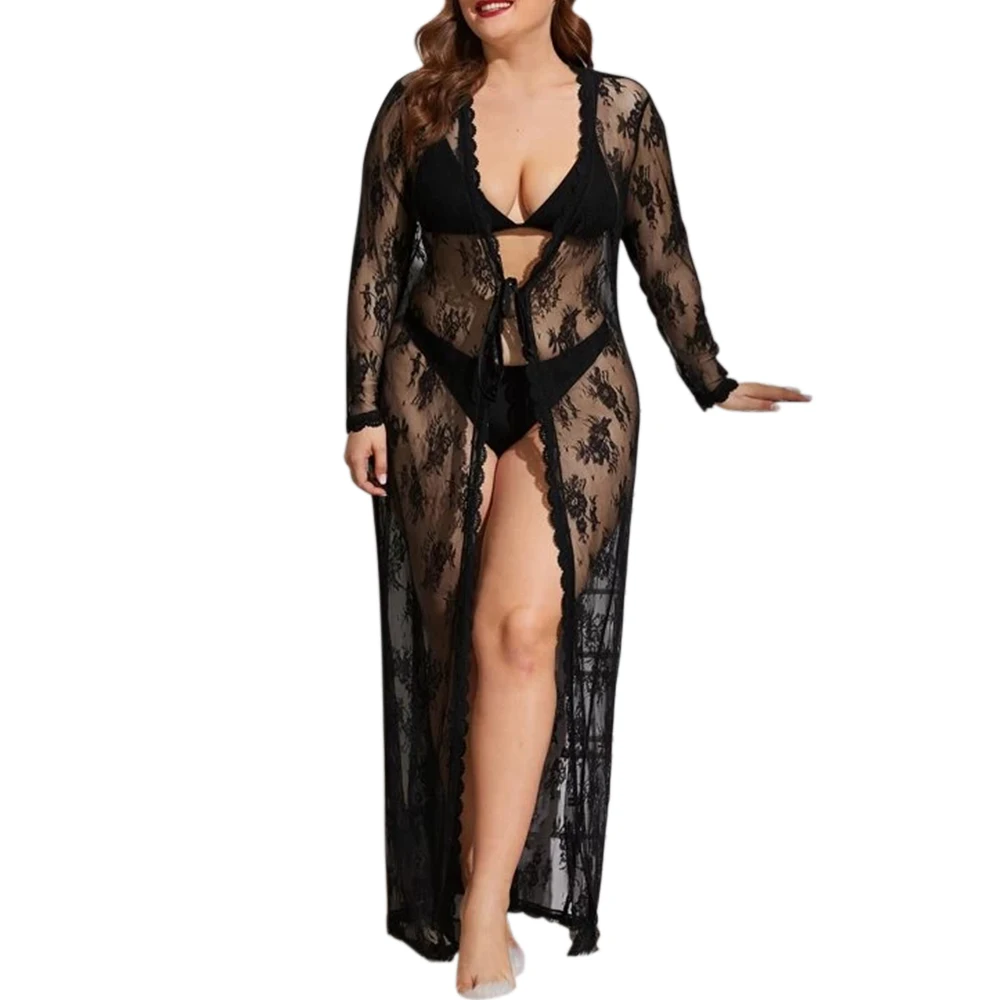 

Summer Plus Size 5XL Women Black Lace Dress 2021 Sexy V-Neck Hollow Asymmetrical Hem Dress Holiday Cardigan Robe Vestidos D30