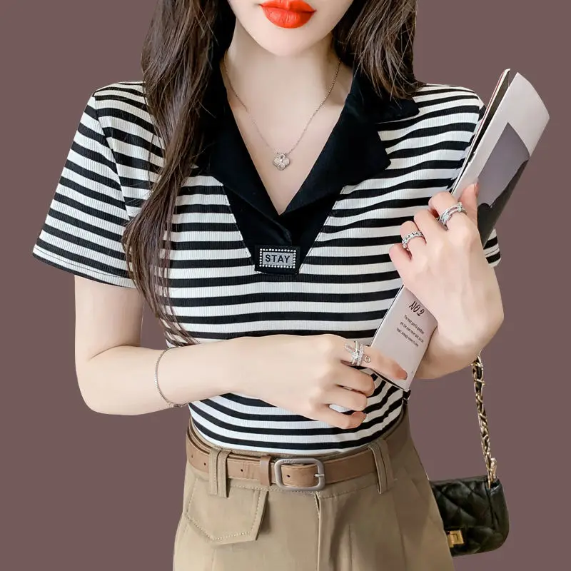 

Модная облегающая полосатая футболка с воротником-поло из чистого хлопка 100%, женский укороченный топ с коротким рукавом, Новинка лета 2021