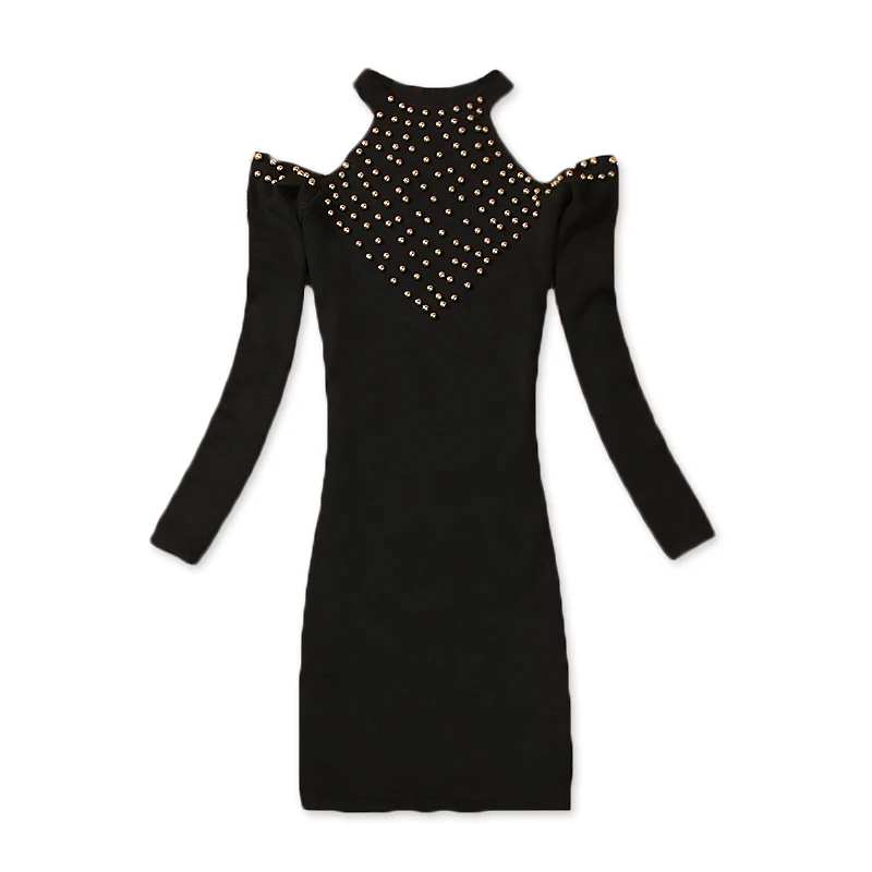 

Autumn women's off shoulder tight knit dress black STRETCH BEADED hip Mini Dress Ladies Dresses Off Shoulder Dress