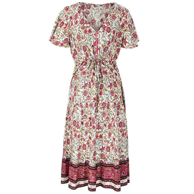 

Woman Dress Short Sleeve Floral Dress 2021 New Fashion V Neck Clothing Loose Beach A-Line Long Dresses Party Ladies Dresses