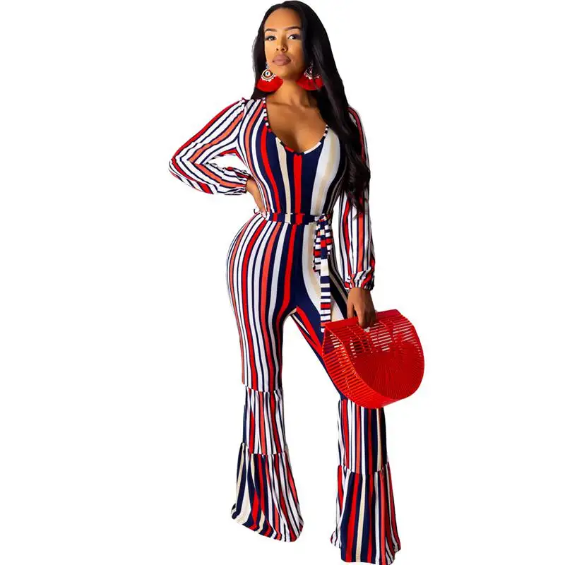Полосатые Сексуальные вечерние нижние комбинезоны с колокольчиками для женщин v