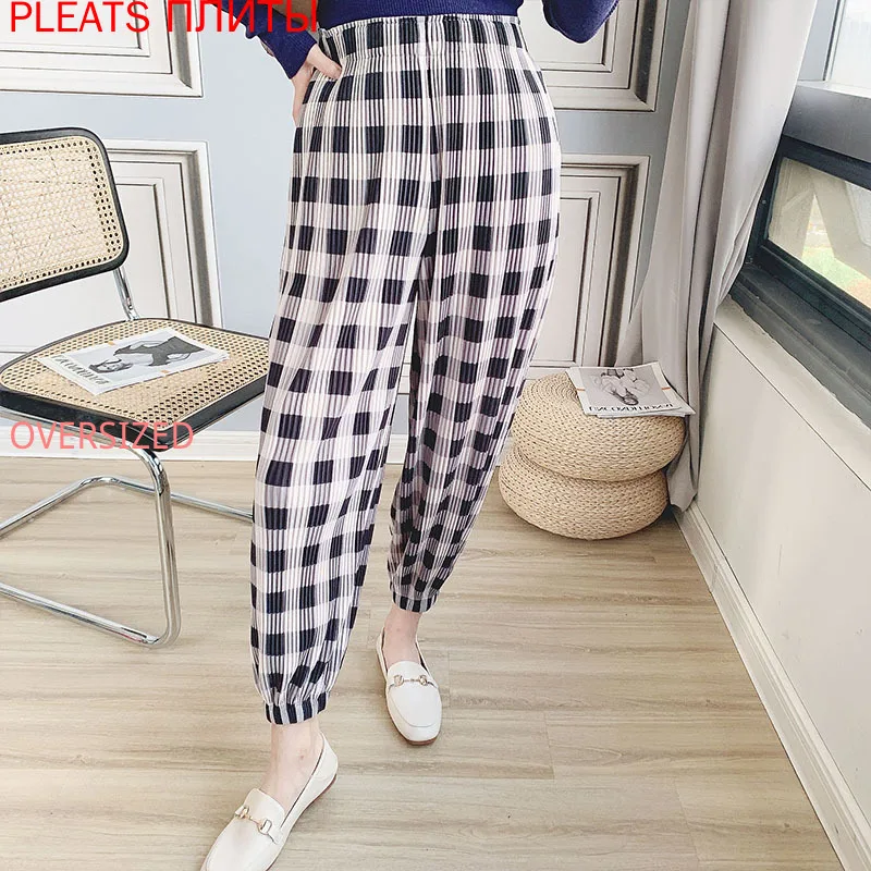 Heavy Fabric Miyake Pleated Pants Women's Autumn and Winter New Versatile Check Harun Casual Capris Pleats Trousers