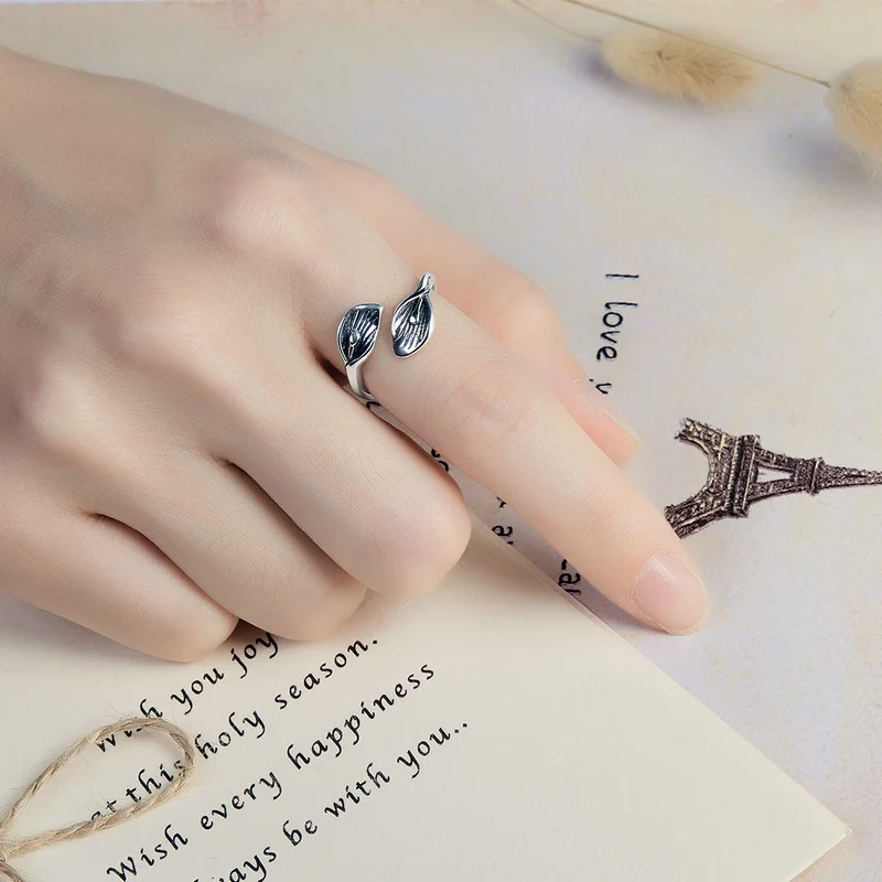 

925 Sterling Silver Rings for Women Leaf Flower S925 Open Cuff Adjustable Finger Rings Silver 925 Wedding Band Engagement Rings