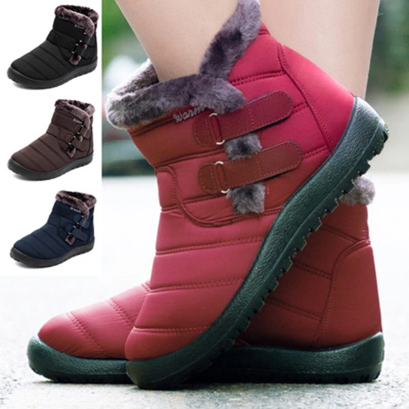 

2021 Large Size Women Snow Boots Ankle Hook Look Fur Plush Inside Waterproof Down Winter Boots Shoes Platform Non Slip