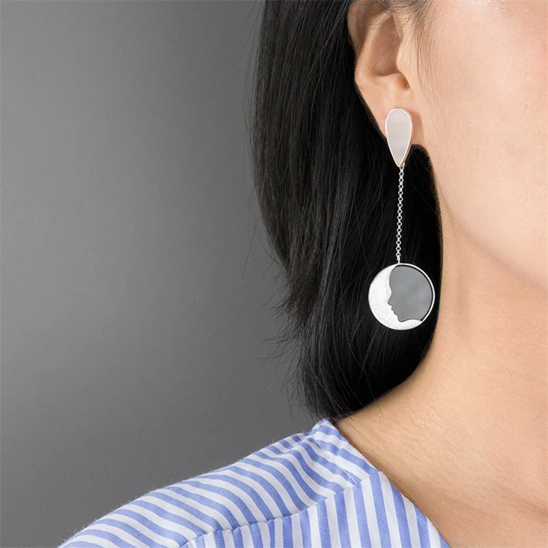 

INATURE Good Night 925 Sterling Silver Moon Face Statement Drop Earrings for Women Fashion Jewelry