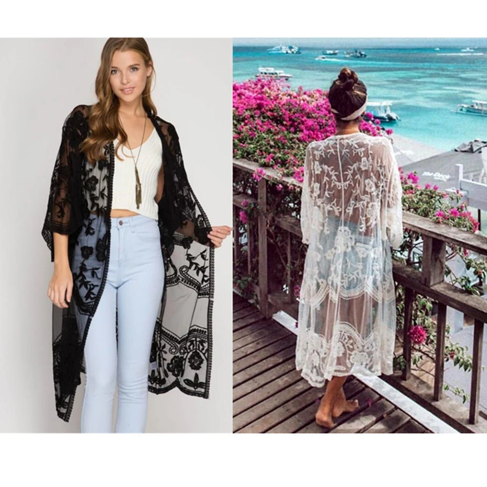 Пикантные кружевные туники прозрачная Пляжная накидка с вышивкой длинное кимоно