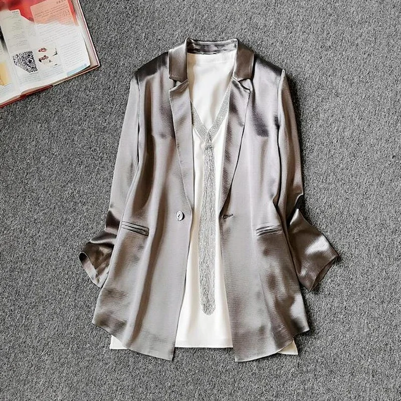 

Lightweight Silk Women Blazers Summer Autumn New Turn-Down Collar Long-Sleeved Solid Elegant Female Outwear Coats Tops