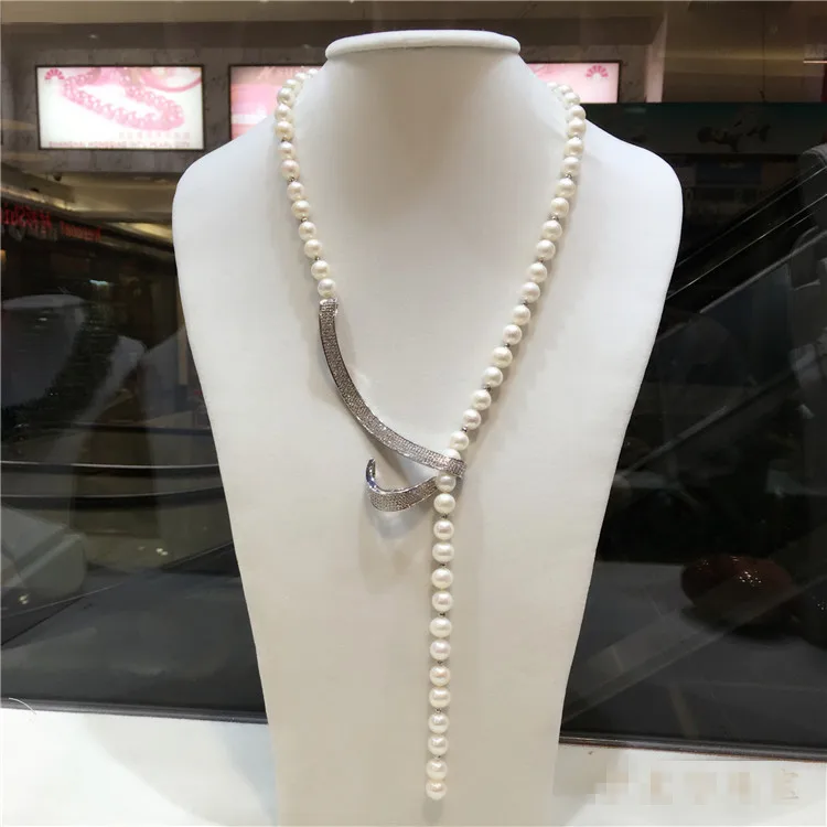

Hand knotted 8-9mm natural white freshwater pearl necklace long sweater chain fashion jewelry