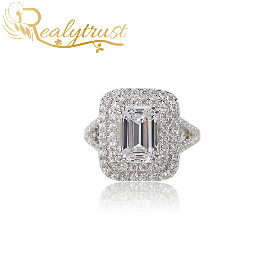 

Realytrust 925 Sterling Silver Pind Yellow White Emerald Lab Created Diamond Halo Ring for Women Bridal Jewelry Wedding Band